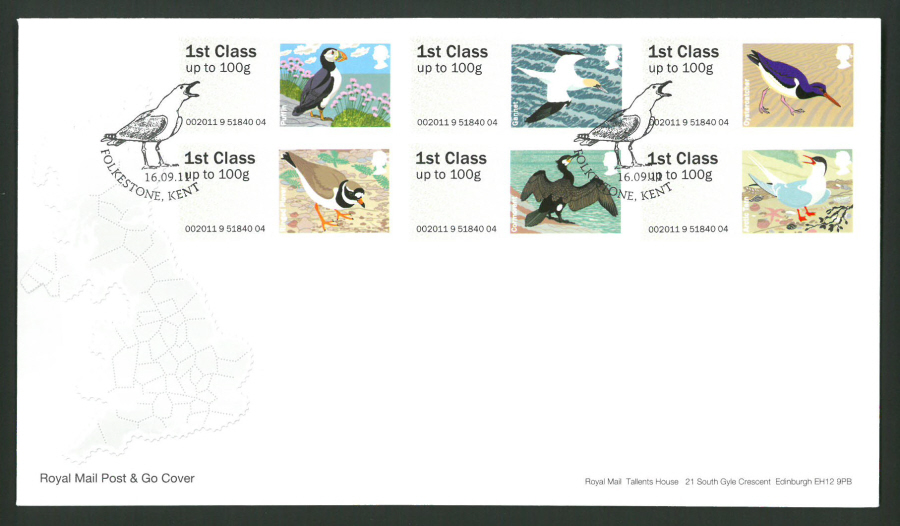 2011 Royal Mail Birds of Britain 4 Post & Go First Day Cover, Folkstone Kent Postmark - Click Image to Close